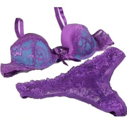 Sexy Lace Detail Bra & Thong Panty Set - Purple