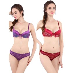 2 Sets of Sexy Lace Detail Bra & Thong Panty Set - Red&Purple