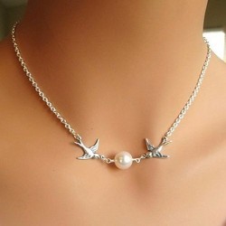 Birds Pearl Pendant Necklace - Silver