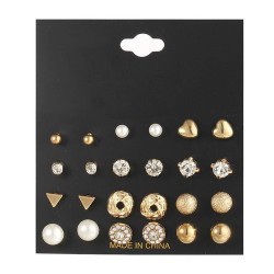 12 Pair Zircon Stud Earring Set - Gold