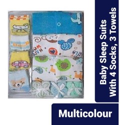 Baby Sleep Suits With 4 Socks & 3 Towels - Multicolour