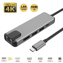 5 In 1 USB 3.0 Type C Hub Adapter - Grey