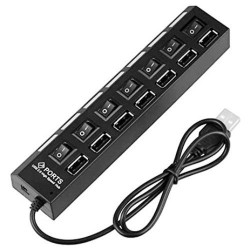 Portable High Speed USB 7 Port Hub with Switches/LED -Black
