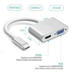 USB CTo HDMI 4K 30 Hz VGA Adapter USB 3.1 Type C USB-C To VGA HDMI Video Converters Adaptor For New Macbook Pro/ Chromebook Pix(Silver)