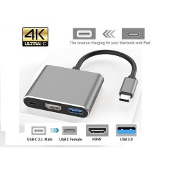 3 In 1 Type C USB 3.1 To USB-C 4K HDMI USB 3.0 Adapter Hub - Gray